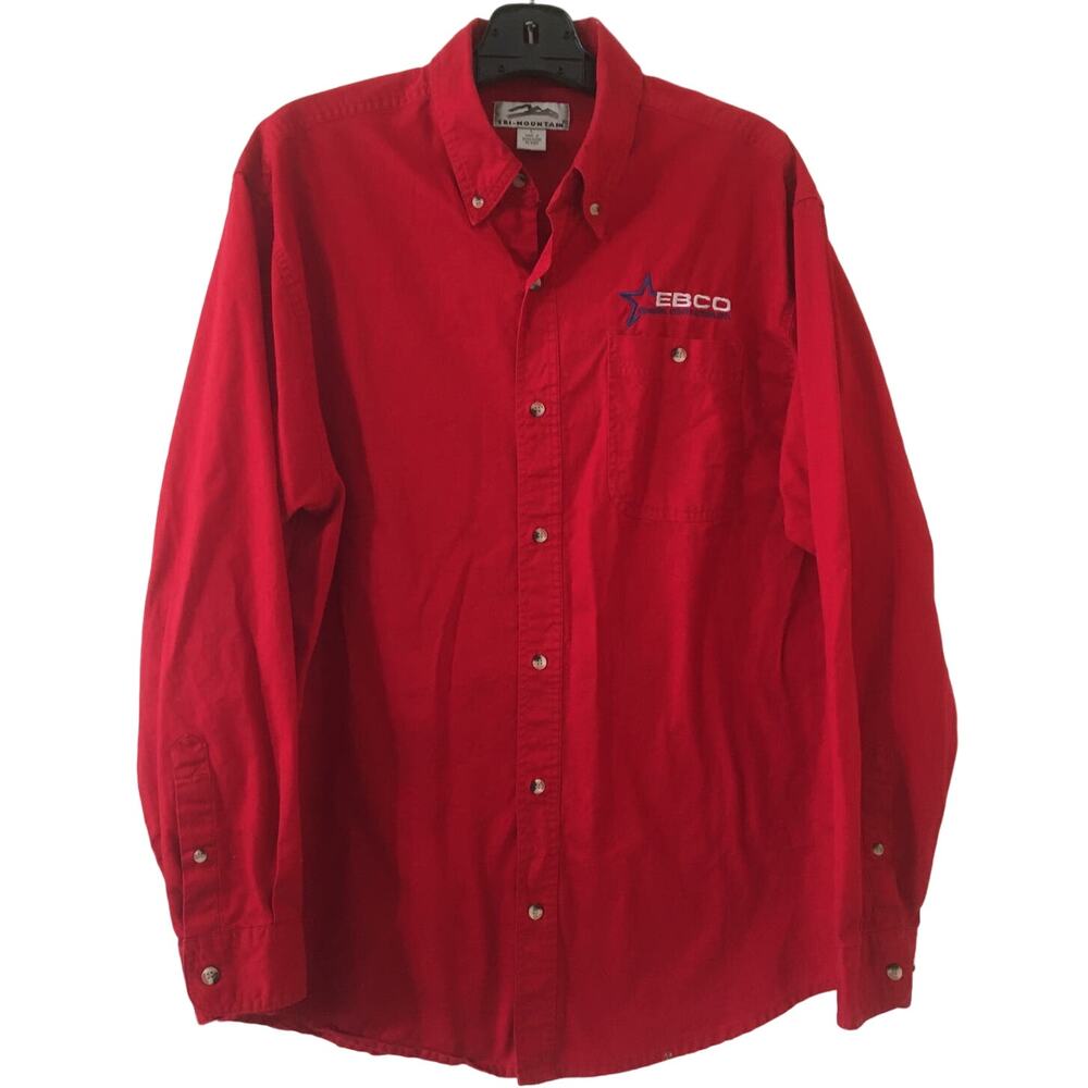 Tri-Mountain Large Button Up Long Sleeve Collared 100% Cotton Shirt With Logo
